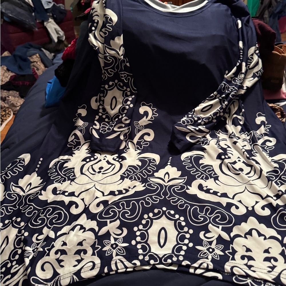 Navy and White Patterned blouse